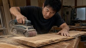 ベルトサンダーで木材の荒削りを行い表面を整える木工作業の様子
