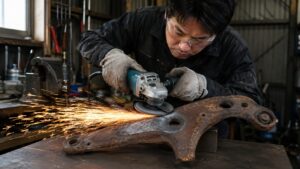 ディスクグラインダーで錆びた金属部品を研磨しサビを落とす作業風景