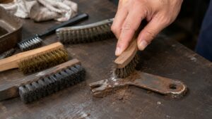 ワイヤーブラシや真鍮ブラシを使って錆びた金属部品を手作業で掃除する様子