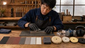 研磨材やバフを段階的に使い分けて安全に仕上げ作業を進める様子