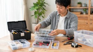 100均ケースと工具箱を使ってネジや工具を整理する日本人男性