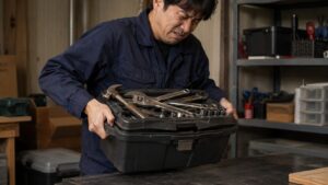 重い金属工具を詰めすぎた工具箱を持ち上げる日本人作業者