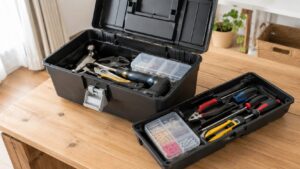中皿付き工具箱にドライバーやペンチを分けて収納した家庭用工具セット