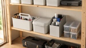 棚に工具ボックスやファイルボックスを並べて補修用品を整理した収納例