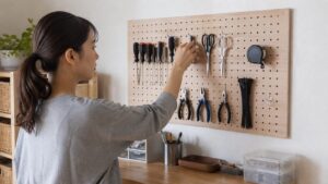 有孔ボードに軽量工具を壁掛け収納する日本人女性のDIYスペース