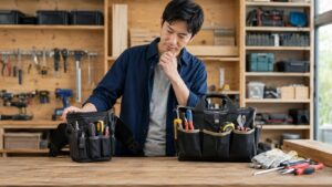 ワークマン風の工具バッグと腰袋を比較しながら選ぶ日本人男性の作業場風景