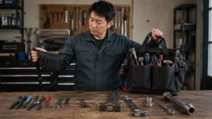小型工具ポーチと工具を詰めたバッグを比べて重さやサイズを確認する男性