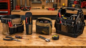 腰袋や工具差し、ポーチ、工具バッグを作業台に並べた収納タイプ比較