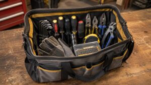工具を見渡しやすく整理できるワイドオープンタイプの工具バッグ