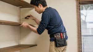 腰袋に工具を入れて棚の取り付け作業をする日本人男性