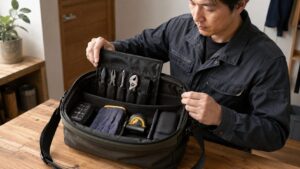 工具をケースやポーチで小分けして肩掛けバッグに収納する男性