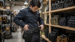 店頭で腰袋のベルト幅や装着感を確認する日本人男性