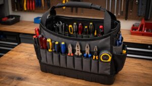 開口部の広いトート型工具バッグに手工具を立てて収納した作業台の風景