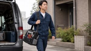 日本人作業員が車から現場へ肩掛け工具バッグを持って移動する様子
