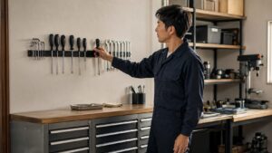 マグネットバーに工具を整理した日本人作業者の作業場風景