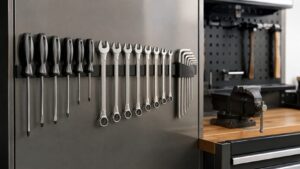 マグネットバーにドライバーやレンチを並べた工具収納