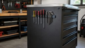 スチール工具キャビネット側面のマグネット工具収納