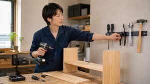 DIY作業中にマグネット工具収納から工具を取る日本人作業者