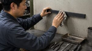 マグネットバーの鉄粉や油分を布で掃除する日本人作業者