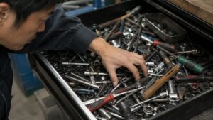 ソケットやドライバーが散らかった工具箱から工具を探す作業者