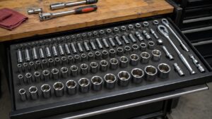 ソケットをサイズ順に並べた工具収納スポンジの引き出し