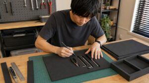 作業台でEVAスポンジに工具の形を写すDIY作業