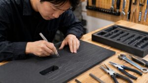 工具の輪郭に沿ってスポンジを切り抜く自作収納の加工風景