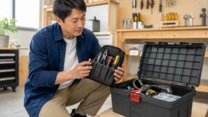 工具箱の横で小型の工具入れポーチを選ぶ日本人男性、工具ポーチの選び方を解説するイメージ