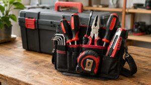 工具箱の前に小物工具を整理した工具ポーチを置いた作業台、工具箱とポーチの使い分け例