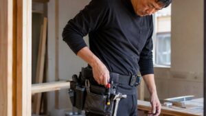 腰に工具ポーチを装着して作業する日本人男性、腰袋と工具ポケットの使用イメージ