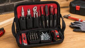 ドライバーやペンチ、ビットをポケットごとに整理した工具入れポーチの収納例