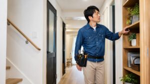 工具ポーチを腰に付けて家の中を移動する日本人男性、作業時間を短縮できる工具収納