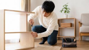 家具を組み立てる日本人男性と床に置いた小型工具ポーチ、DIY初心者向け工具収納