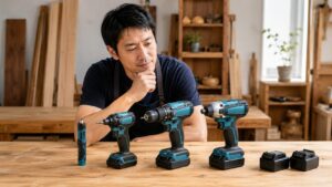 マキタの電動工具を比較しながら選ぶ日本人男性と作業台の工具