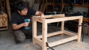 18Vクラスの電動工具で木製作業台を組み立てる日本人男性