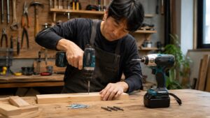 ドリルドライバーで下穴をあける日本人男性と横に置かれたインパクトドライバー