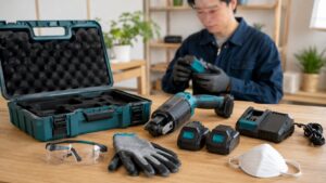 電動工具セットとバッテリー、充電器、保護具を作業前に確認する様子