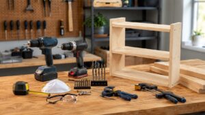 DIY初心者向けの電動工具と安全用品を作業台に並べた木工ワークショップ