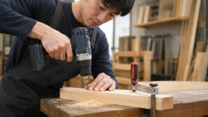 クランプで固定した木材にドリルドライバーで下穴をあける作業