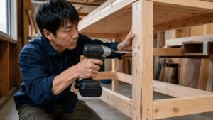 インパクトドライバーで2×4材に長いビスを打ち込む日本人男性