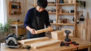 木工DIYに必要な丸ノコや電動ドライバーと木材を準備する日本人男性