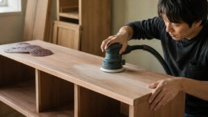 サンダーで木製棚の表面を研磨して仕上げる日本人男性