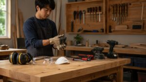 保護メガネや防じんマスクなどDIY電動工具の安全用品を準備する様子
