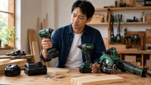 HiKOKI工具を比較しながら選ぶ日本人男性と木工作業台
