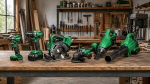 HiKOKI風の電動工具が作業台に並ぶ工具ラインアップ