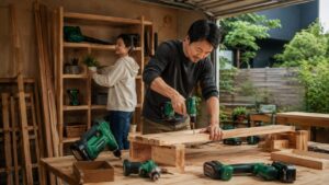 日本人が木工DIYを行うガレージ作業場と電動工具