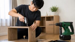 家具組み立てで小型工具を使う日本人男性と大型電動工具