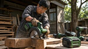 36Vクラスの丸のこで木材を切断する日本人作業者