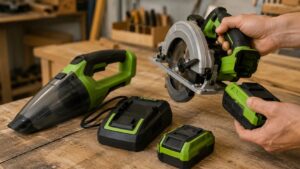 同じバッテリーを複数の電動工具に使い回す作業台