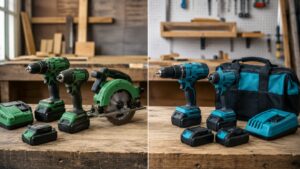 緑系と青系の電動工具を作業台で比較する様子